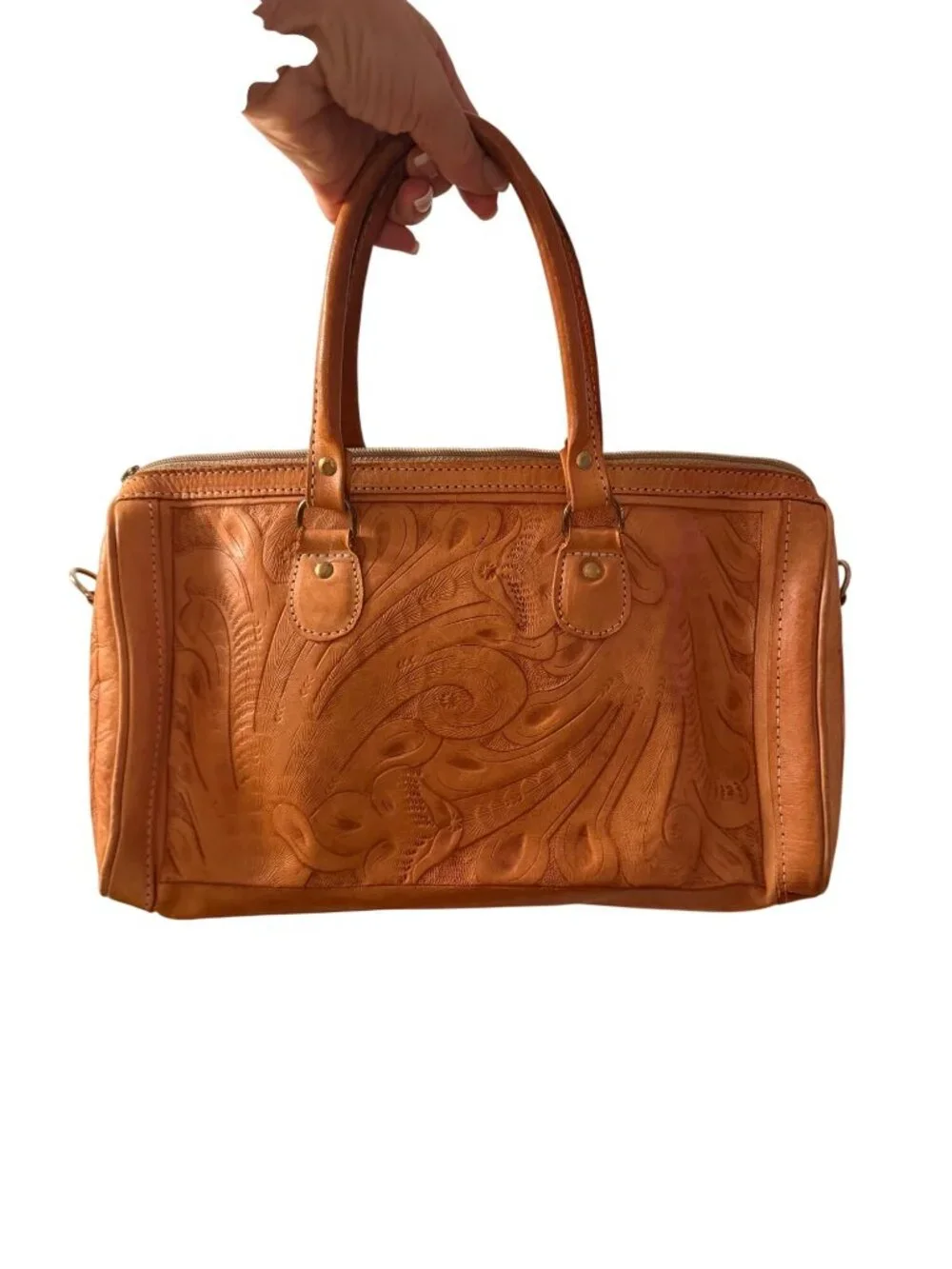Vintage Womens Rectangular Hand-tooled Leather Handbag Top Handles Tan Western